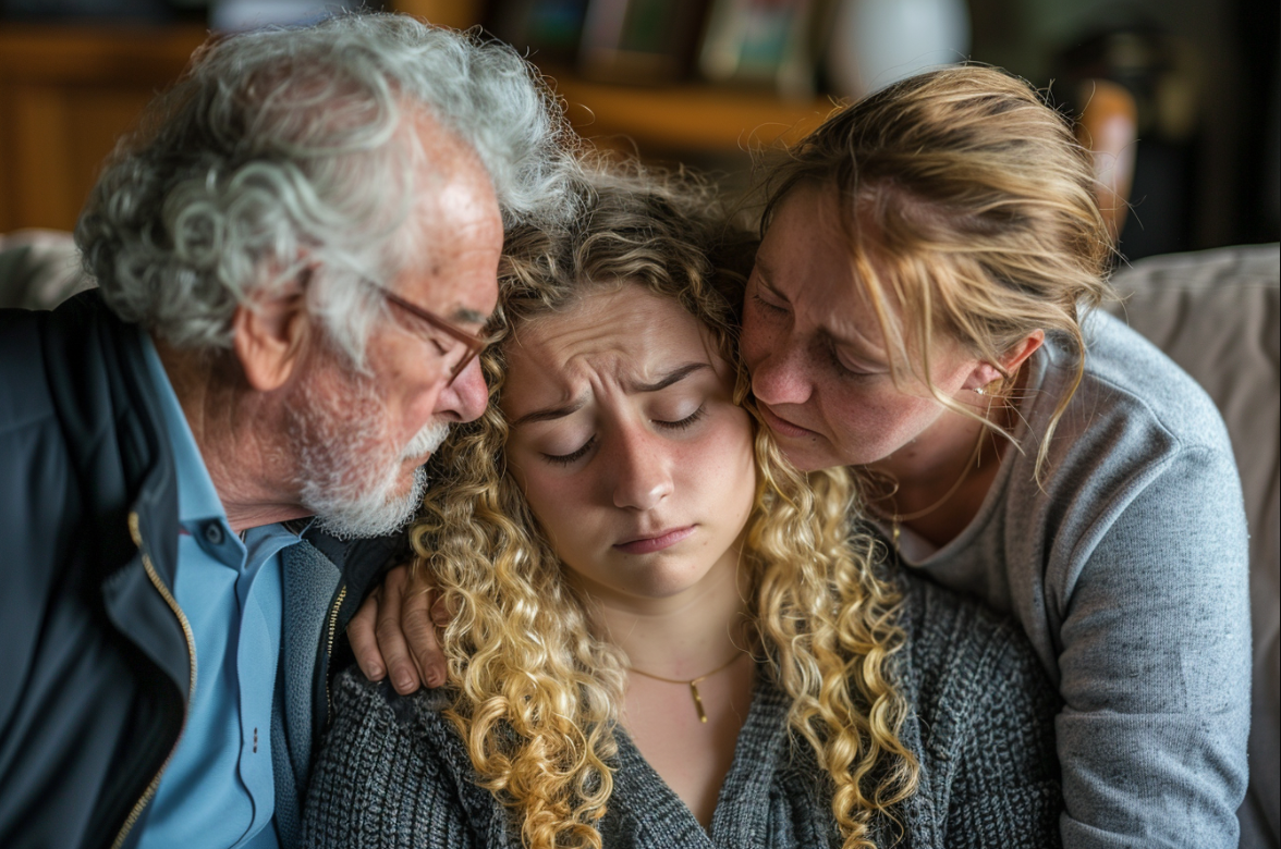 A mature couple hugging their emotional daughter | Source: Midjourney