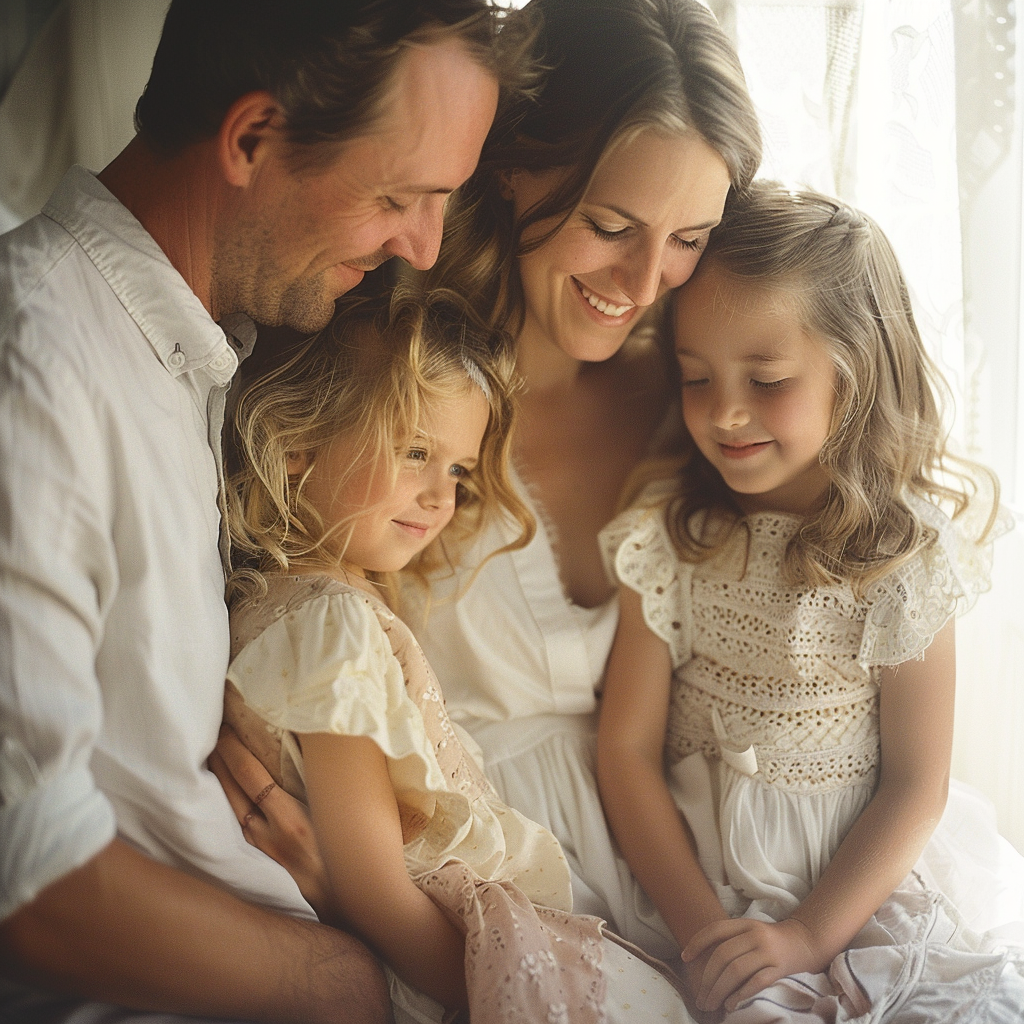 A smiling couple with their daughters | Source: Midjourney