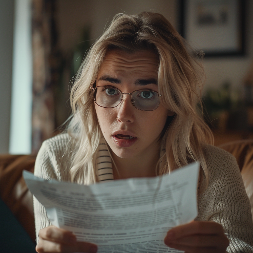 A shocked woman holding a document | Source: Midjourney