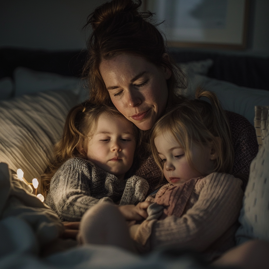 A woman holding her children in bed | Source: Midjourney