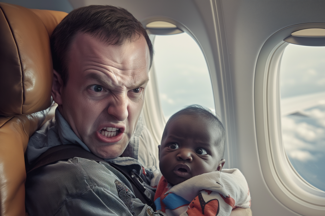 A man sneering while holding a baby | Source: Midjourney