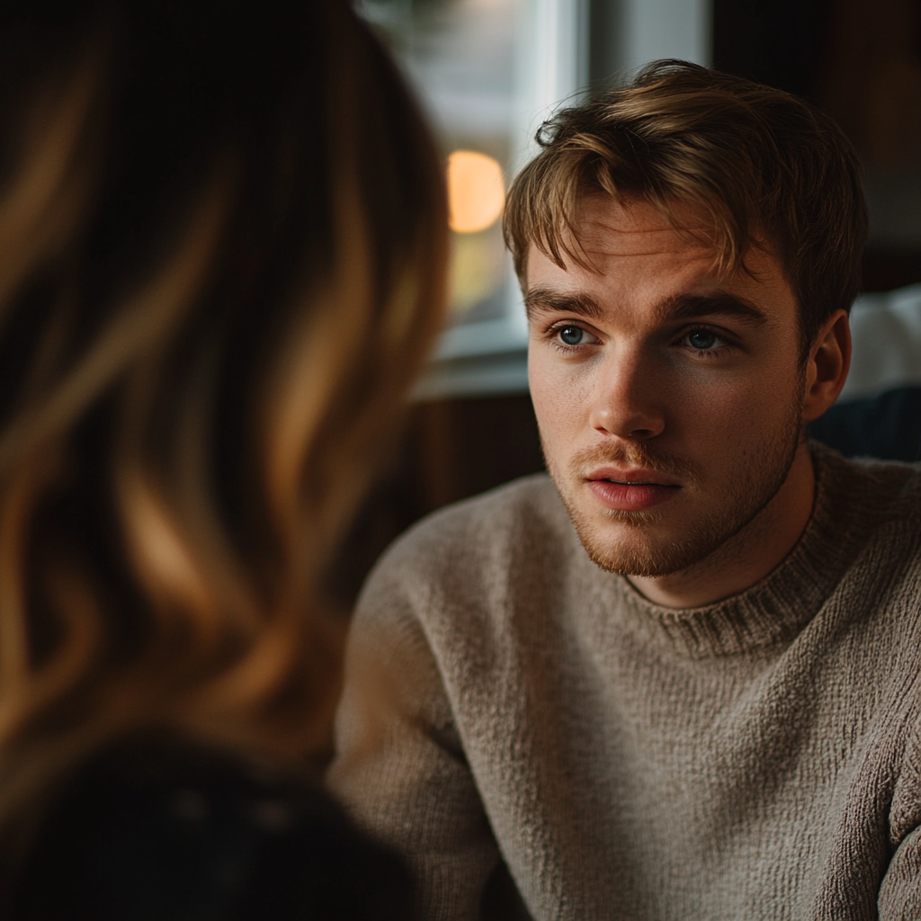 A man talking to a woman while sitting in a living room | Source: Midjourney