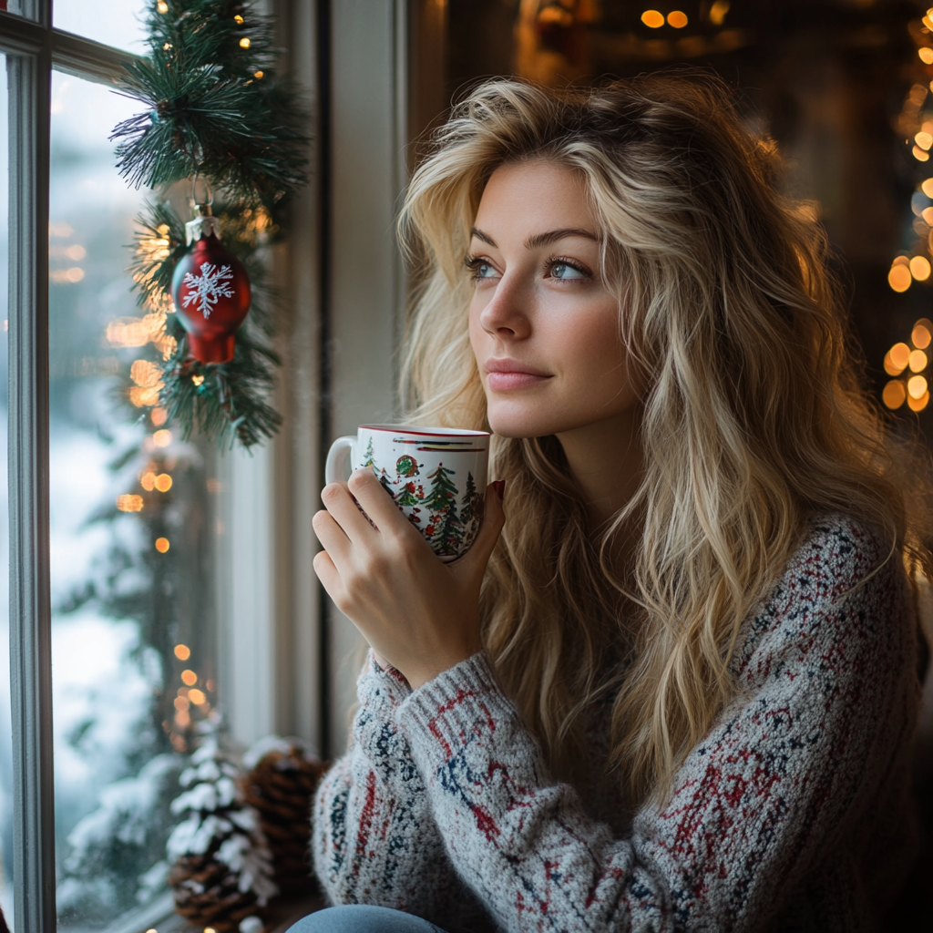 A woman drinking coffee and looking out the window on Christmas Day | Source: Midjourney