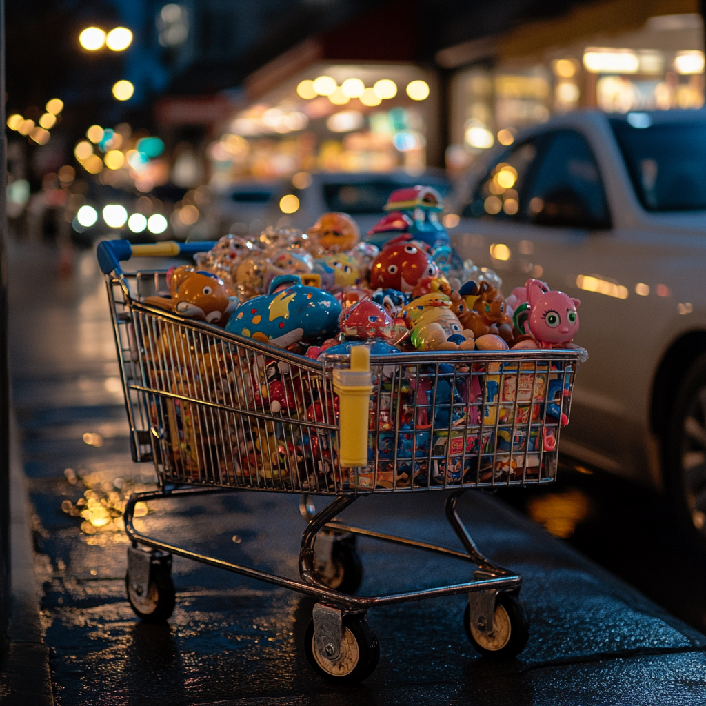 A shopping cart filled with kids' toys | Source: Midjourney