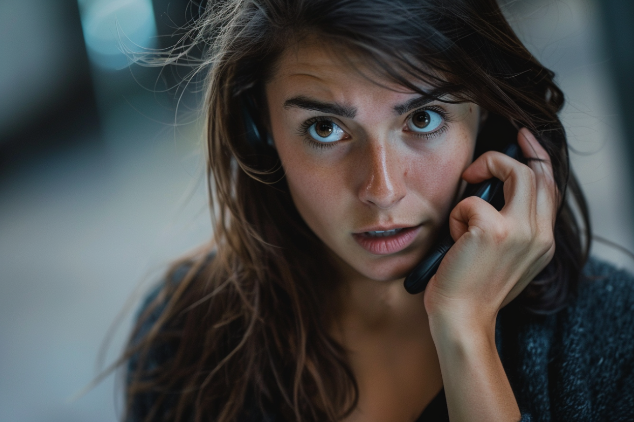 A woman frowning while speaking on her phone | Source: Midjourney