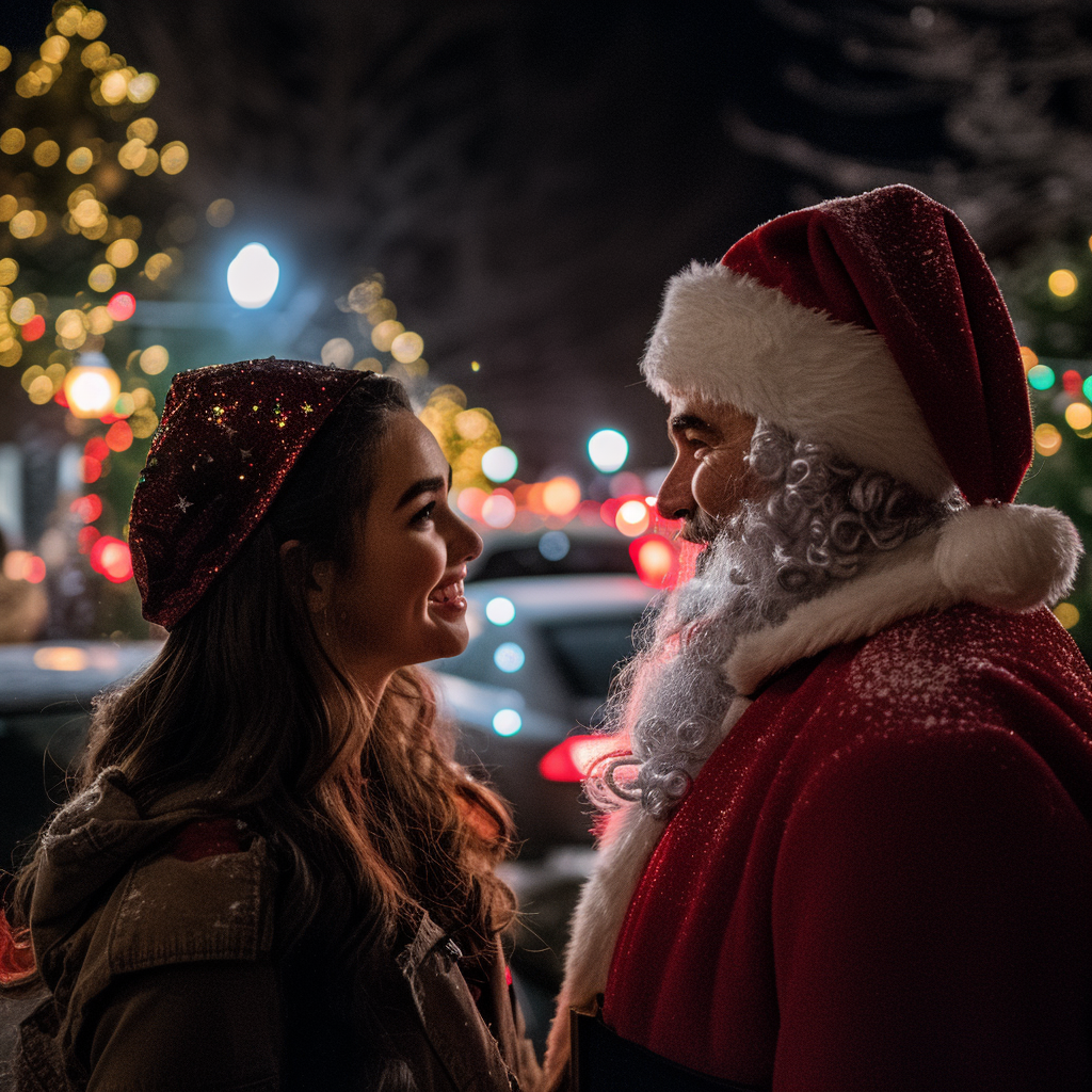 A woman talking to a man dressed as Santa Claus | Source: Midjourney