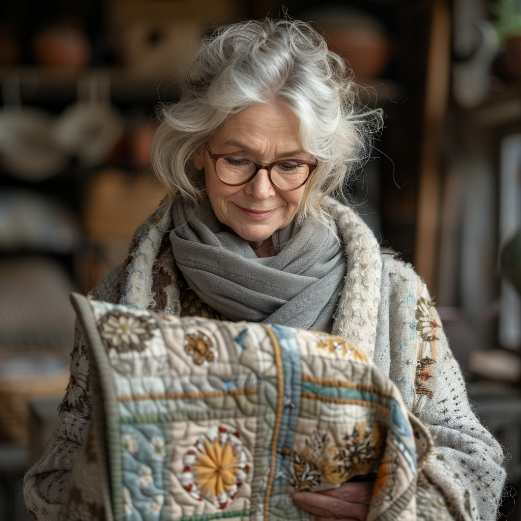 The grandma looks at the quilt she made | Source: Midjourney