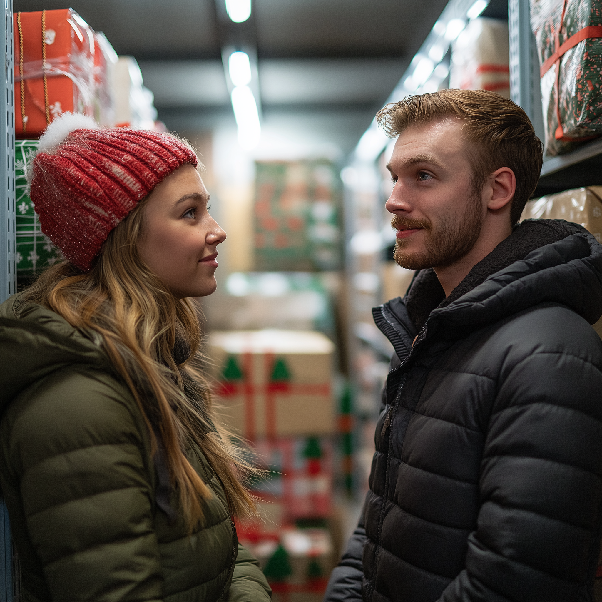 A couple standing in a storage unit and talking | Source: Midjourney