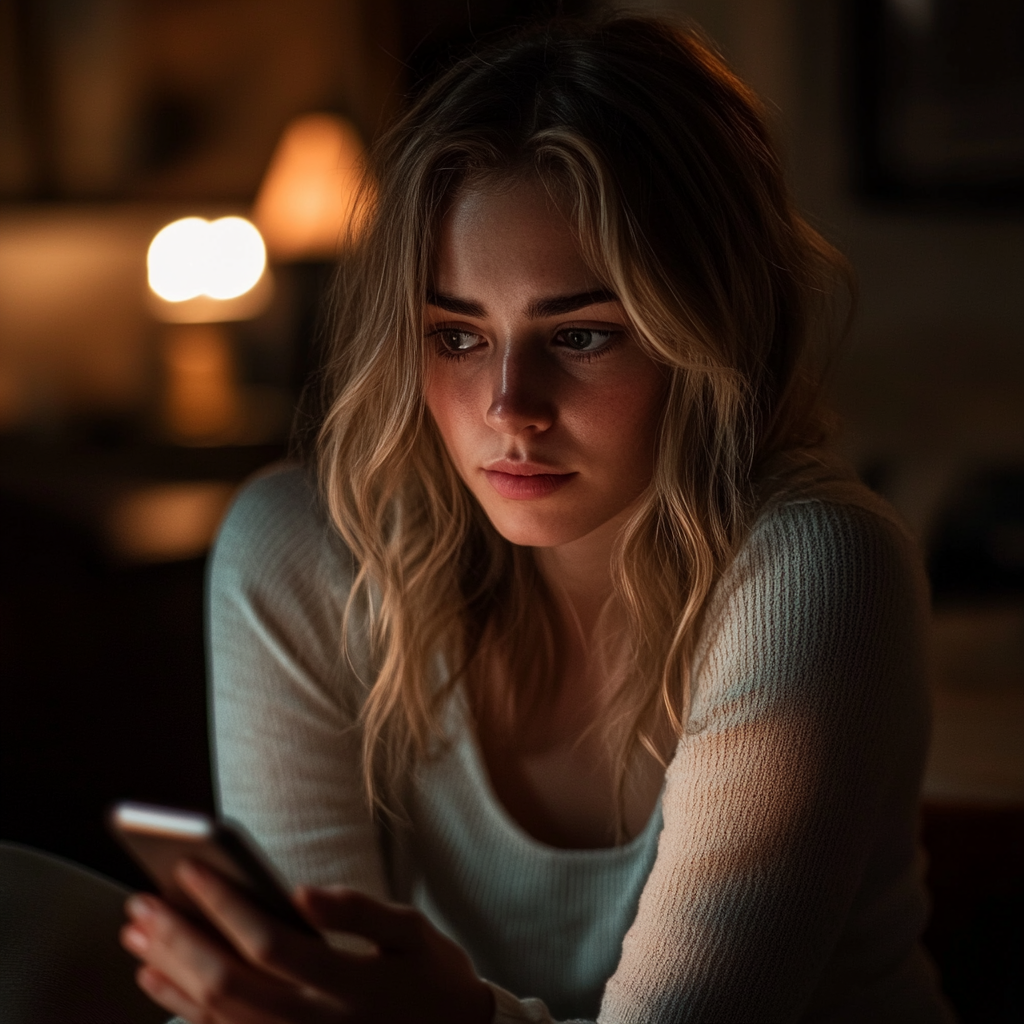 A woman lost in her thoughts while holding a cell phone | Source: Midjourney